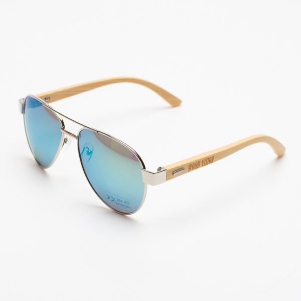 Слънчеви очила Aviator с бамбукови дръжки – синьозелени